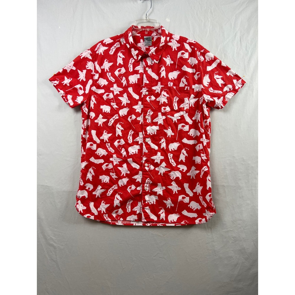 Hang Ten Button Down Camp Shirt Mens XL Red California Bear Print Short Sleeve